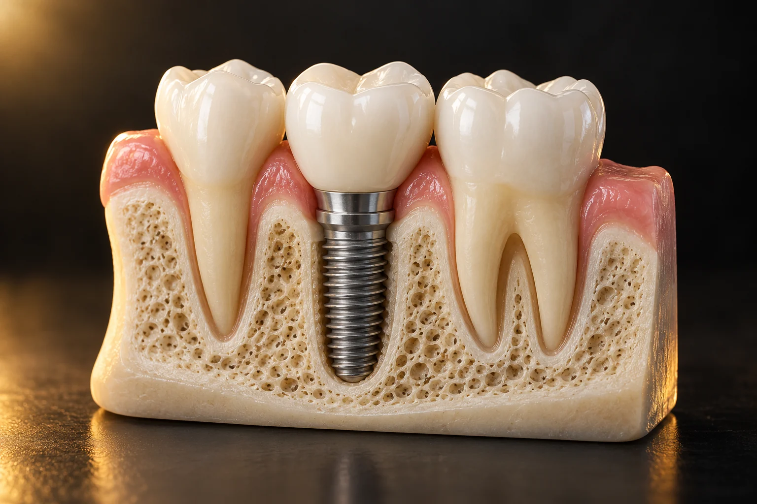 Dental implant recovery model showing an implant supported by jawbone
