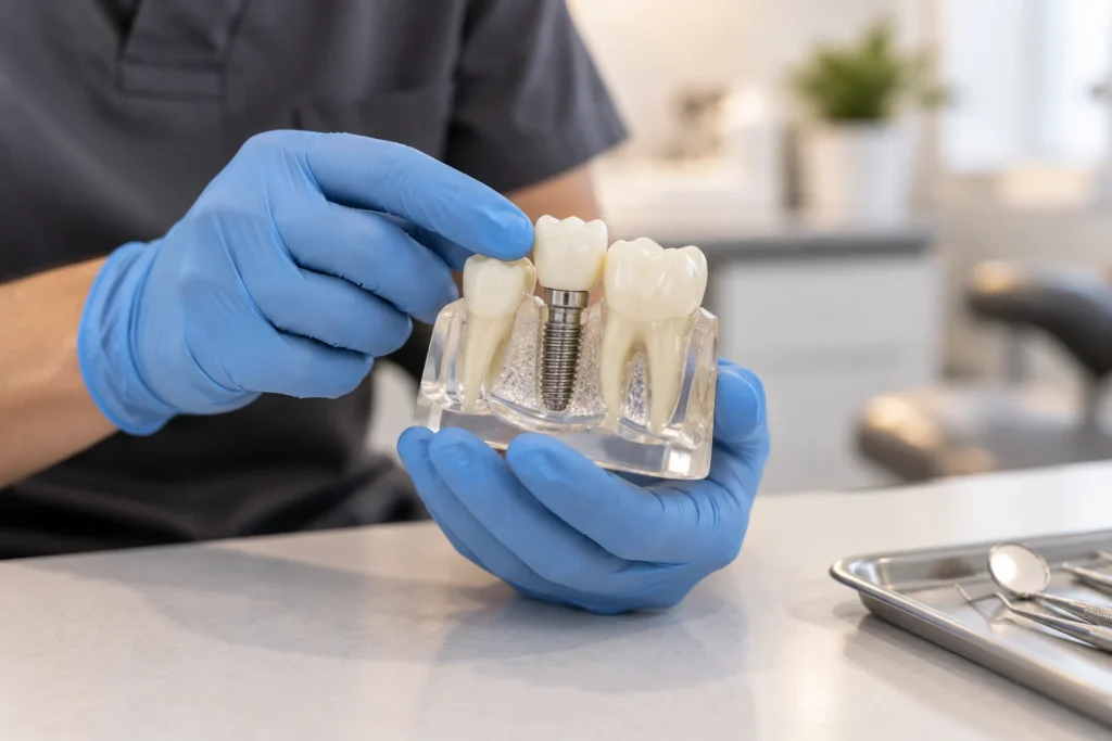 Dental implant model used to discuss healing and follow-up