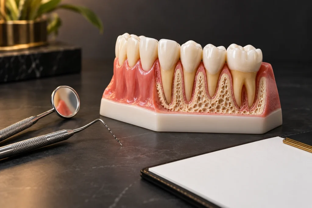 gum health — Periodontal probe and mirror beside a gum model and blank consultation pad