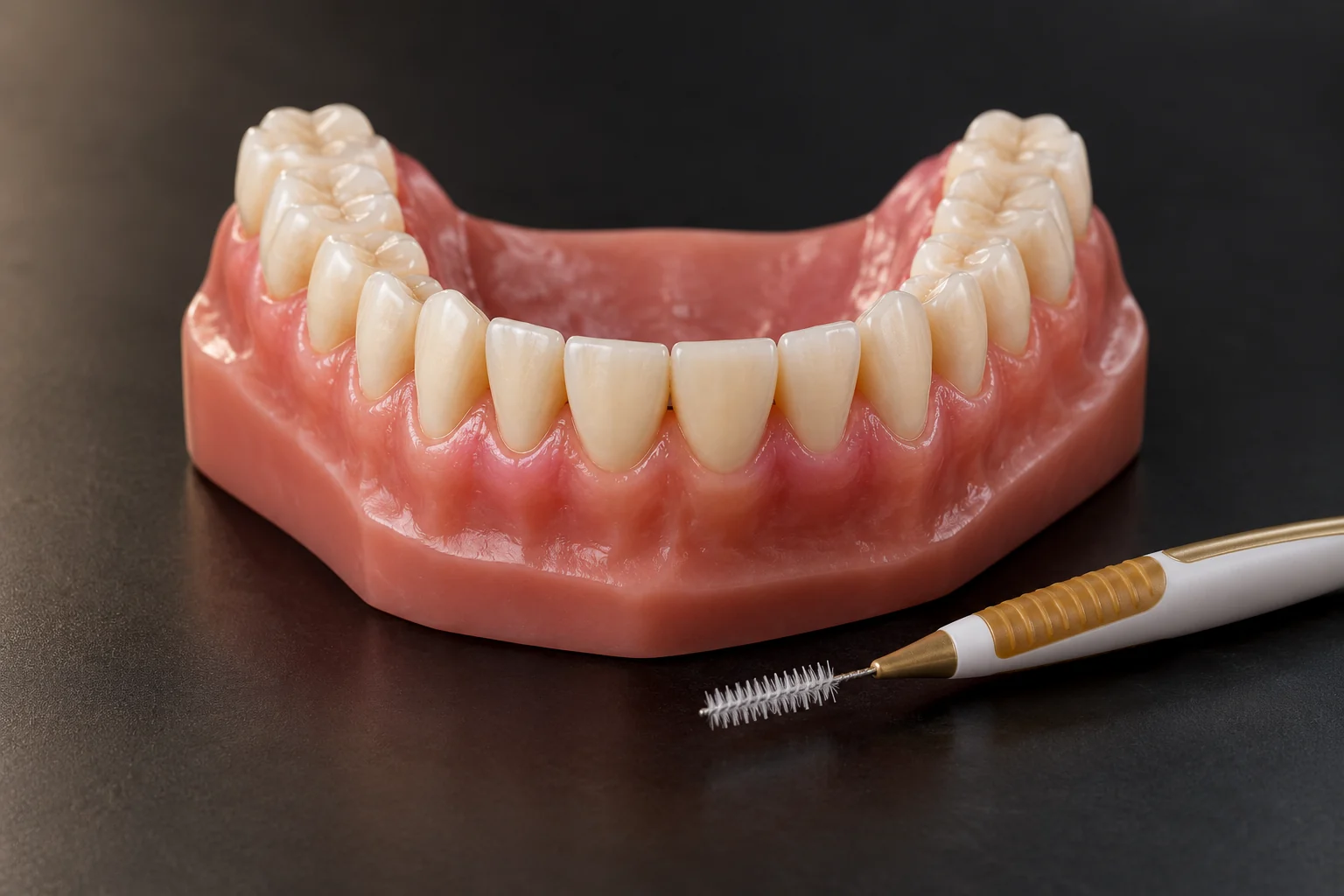 Gum health teaching model with naturally pink tissue and interdental brush