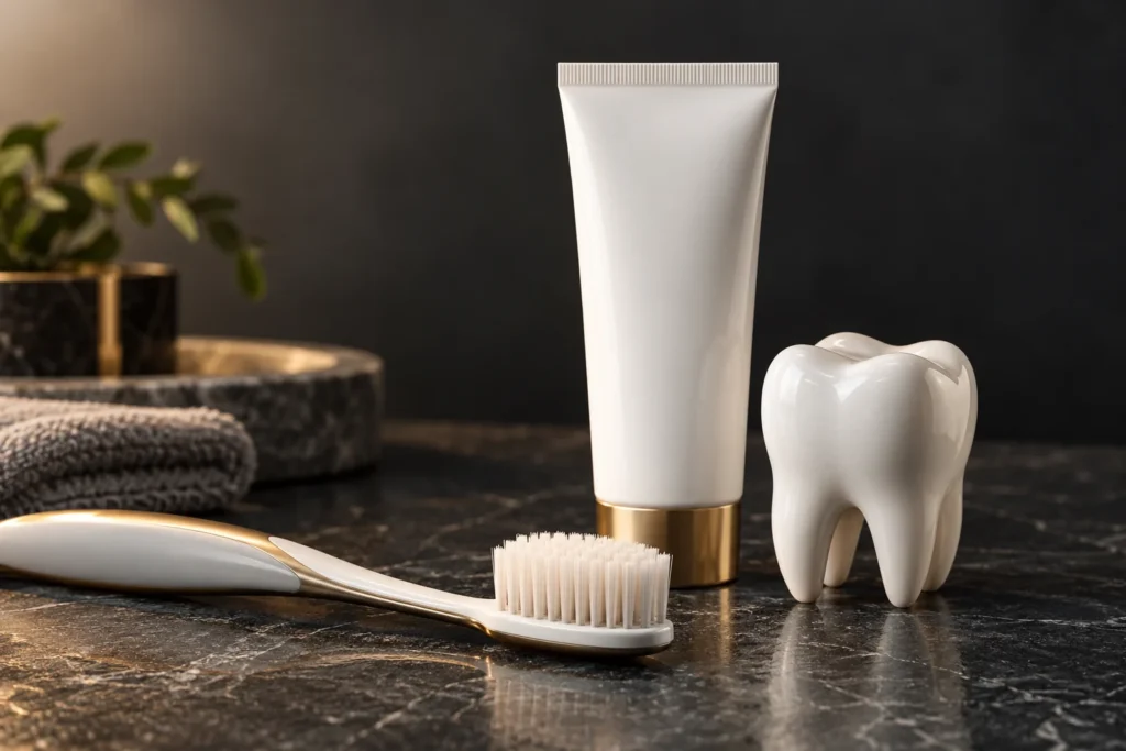 Brosse souple et tube de dentifrice sans marque près d'un modèle dentaire