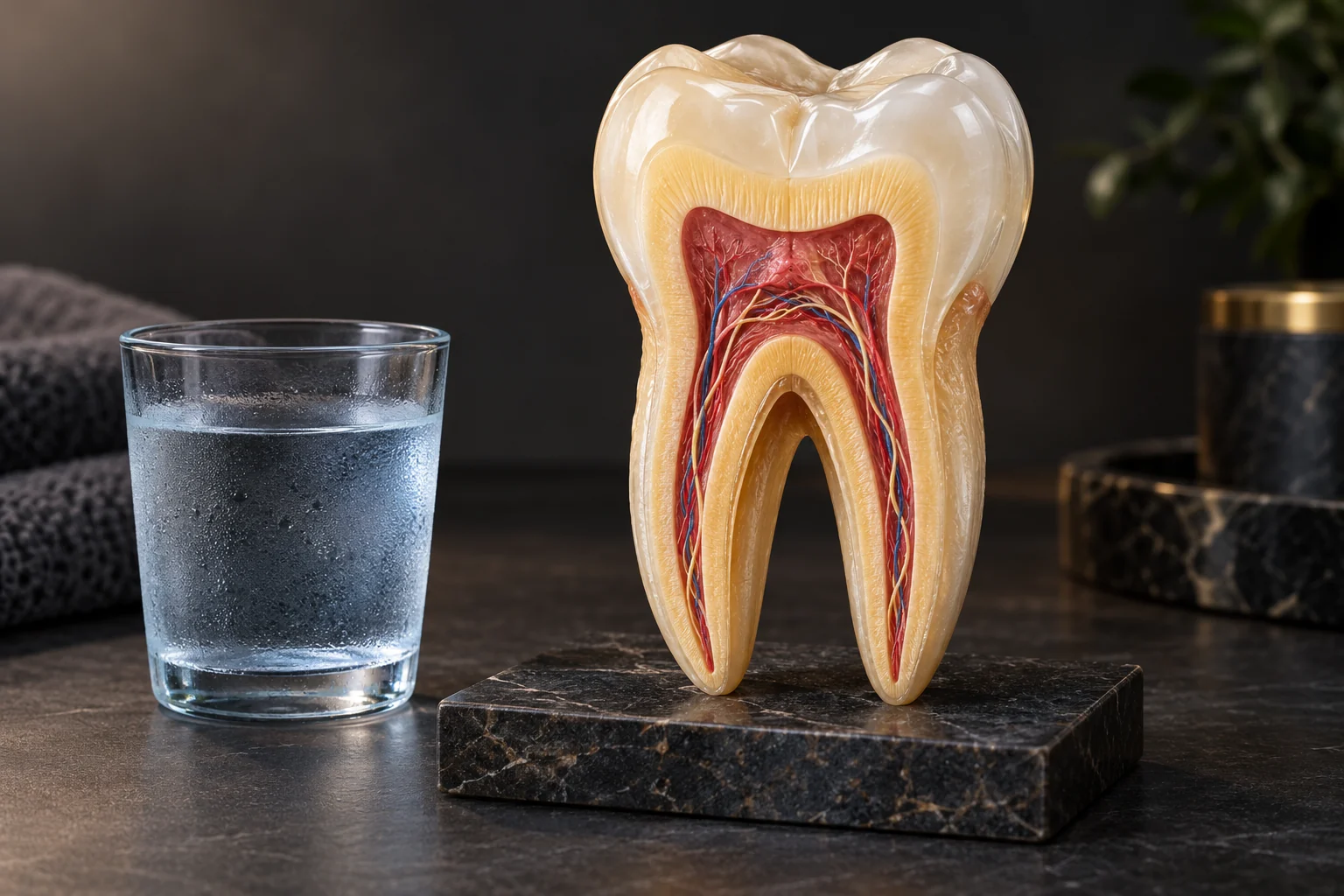 Modèle de dents sensibles montrant émail dentine et pulpe près d'eau fraîche