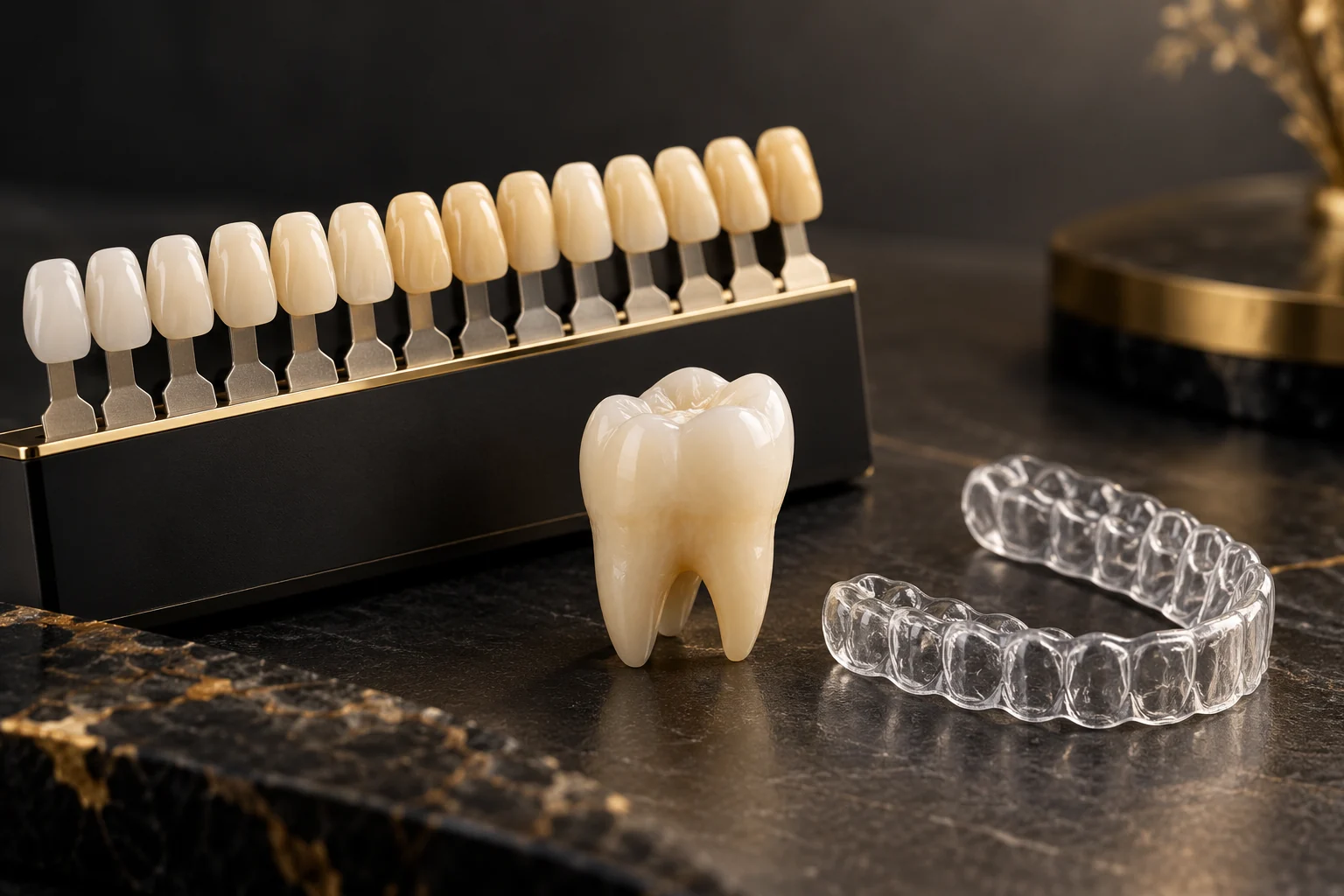 Teeth whitening shade guide beside a natural tooth model and clear tray