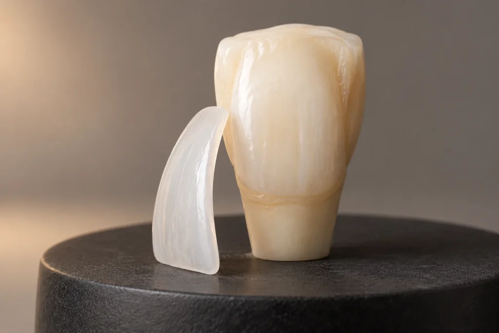 Thin porcelain veneer beside a front tooth teaching model