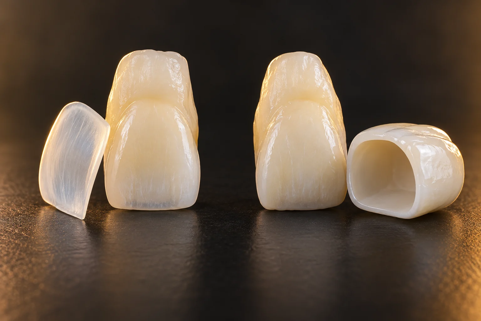 Veneers vs crowns shown with two ceramic dental demonstration models